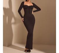 Bralette minimalista sexy dalle maniche lunghe con scollo quadrato e pizzo, abito lungo elegante per primavera/autunno/inverno, adatto per San Valentino, feste, appuntamenti romantici, damigella d'ono