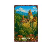 Bran Castle Travel Poster Romania Targa in alluminio vintage per la decorazione della parete della camera da letto e del bagno 30,5 x 20,3 cm