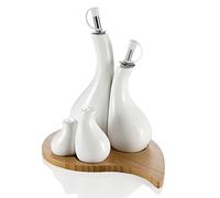 Brandani 55452 Menage goccia, olio aceto sale e pepe, in porcellana bianca con supporto bamboo