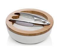 Brandani 55633 Ciotola portanoci in porcellana con supporto in bamboo e schiaccianoci in metallo cromato