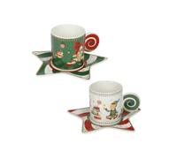 Brandani 84560 TAZZINA CAFFE ELFOMAGIA BIANCO/VERDE SET 2 PZ NEW BONE CHINA, cm 12,5x12,5x6h, 60 ml, decori natalizi di bianco, verde, rosso, Lavastoviglie, Microonde, Forno, Freezer