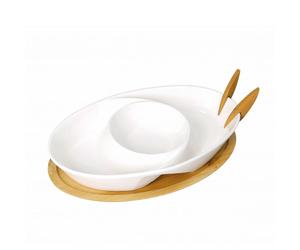 BRANDANI Antipastiera Abbraccio in Porcellana con 2 Forchette 26cm Base Bamboo