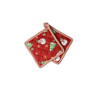 Brandani Natale tessile set 2 presine natalizie rosse Frosty con decori e bordo a quadretti della collezione Racconti 18x18 cm