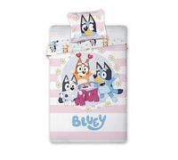 BrandMac Bluey & Famille - Parure da letto per bambini, copripiumino 140 x 200 cm, con federa 50 x 70 cm, set da letto ufficiale Bluey | motivo cartone animato rosa per letto per bambini 1 posto