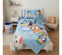 BrandMac Bluey - Parure da letto per bambini, copripiumino 100 x 135 cm e federa 40 x 60 cm, 100% cotone certificato, design da spiaggia con Bluey, Bingo e Muffin, ideale per culla e bambini piccoli