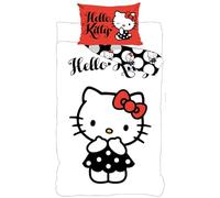 BrandMac Hello Kitty - Parure da letto per bambini, 100% cotone, copripiumino 100 x 135 cm, federa 40 x 60 cm, design reversibile a pois, nero, bianco e rosso, licenza ufficiale