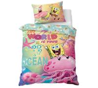 BrandMac Set di biancheria da letto per bambini con testa di Spongebob, copripiumino singolo 140 x 200 cm con federa 50 x 70 cm, design colorato Bob SpongeBob per bambini