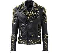 Brando - Giacca da motociclista in pelle nera con borchie, stile rock, punk, da uomo, Giacca nera con borchie dorate, XL