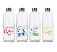 BrandPrint Set di 4 Bottiglie in Vetro Modello EOS, 1 Litro, Kit Happiness Good Vibes - Serigrafia Love Joy Peace Happy, Tappo a Vite in Acciaio Inox | Bottiglia Vetro Acqua Bevande Idea Regalo