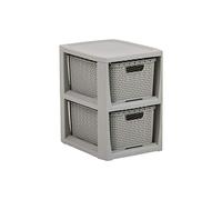 BranQ - Home essential Scaffale in Rattan con 2 cestini in plastica Senza BPA, Colore Grigio Chiaro, 29,5 x 24 x 32,8 cm
