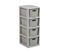 BranQ - Home essential Scaffale in Rattan, in plastica PP Senza BPA, Grigio Chiaro, 29,5 x 24 x 64,2 cm, 4 cestini