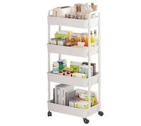 Braozaiw Carrello portaoggetti a 3 livelli, carrello su ruote, in plastica, con tazze e ganci extra per appendere cucina, soggiorno, bagno, ufficio (bianco, 4 livelli)