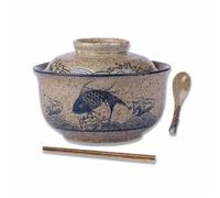 Braozaiw Ceramic Soup Bowl Set da 800 ml Ramen Bowl (bacchette cucchiaio), grandi ciotole giapponesi per noodle Bowls, set tradizionale asiatico, per udon, pasta, pho, soba (pesce)