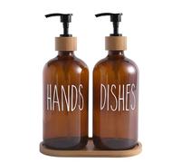 Braozaiw Set di 2 dispenser di sapone in vetro, ricaricabili, con pompa e vassoio in bambù, dispenser per detersivo per piatti, adatto per bagno, cucina, lavanderia (marrone)