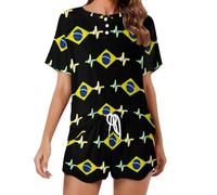 Brasile Flag Heart Beat Set pigiama da donna camicia a maniche corte e pantaloncini 2 pezzi loungewear indumenti da notte, Stile:, L