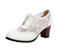 Brass Buckle Lace Heel for Classic Cutout Mary Jane Style with Ties And Subtle Punk Booty Elegant Everyday Dress Shoes (White-2, 40)