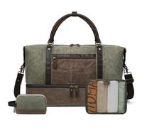 BRASS TACKS Leathercraft Borsone in tela cerata e pelle per uomini e donne, borsone vintage da viaggio per la notte, con scomparto per scarpe, impermeabile (verde militare)