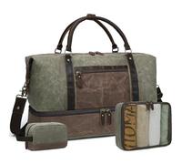 BRASS TACKS Leathercraft Borsone in tela cerata e pelle per uomini e donne, vintage, borsone da viaggio, con scomparto per scarpe, impermeabile (cachi)