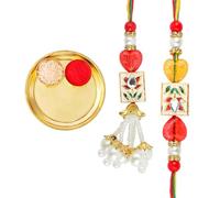 Brass Thali Plate Platter with Bhaidooj Tikka Rakhi Bracelet Thread Pack Set of 2 Rakhi Lumba Set Brass Puja Thali with Card for Brother Sister Decorations Pooja Rituals(Plate Size:- 5")