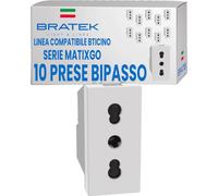 Bratek 10 Prese Elettriche da Muro Bipasso 10/16A Compatibili con MatixGo | Sostituisce Presa BTicino MatixGo JW4180 - Bipresa Bivalente 10/16 A, 250Vac, 2P+T, Standard Italiano - Made in Europe