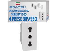 Bratek 4 Prese Elettriche da Muro Bipasso 10/16A Compatibili con MatixGo | Sostituisce Presa BTicino MatixGo JW4180 - Bipresa Bivalente 10/16 A, 250Vac, 2P+T, Standard Italiano - Made in Europe
