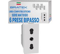Bratek 6 Prese Elettriche da Muro Bipasso 10/16A Compatibili con MatixGo | Sostituisce Presa BTicino MatixGo JW4180 - Bipresa Bivalente 10/16 A, 250Vac, 2P+T, Standard Italiano - Made in Europe