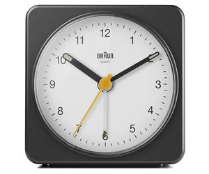 Braun BC03BW - Sveglia analogica classica con snooze e luce, movimento silenzioso al quarzo, con segnale acustico Crescendo, in bianco e nero, modello BC03BW.