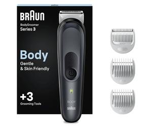 Braun Body Groomer 3, strumento per l'abbellimento di uomini con tecnologia SkinShield, pettine sensibile, bagnato e asciutto, 100% impermeabile, spina UK a 2 pin, BG3350, nero/grigio