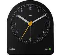 Braun Classic Analogue Alarm Clock with Snooze and Continuous Backlight, Quiet Quartz Movement, Crescendo Beep Alarm in Black, model BC22B.