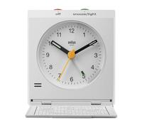 Braun classica sveglia analogica da viaggio con funzione snooze, design vintage, dimensioni compatte, coperchio pieghevole, movimento al quarzo silenzioso, sveglia crescendo in bianco, modello BC05W.