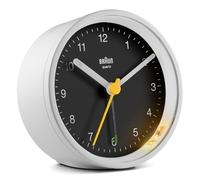 Orologio Sveglia Analogico Classico Braun con Snooze e Luce, Movimento al Quarzo silenzioso, Suono Sveglia Beep con crescendo, colore nero e bianco, modello BC12WB.