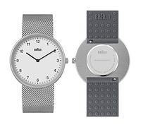 Braun Orologio al quarzo analogico a 2 lancette, quadrante bianco, cinturino in maglia di acciaio inossidabile con cinturino aggiuntivo in gomma siliconica grigia, 38 mm, modello BN0281WHMHGYG.