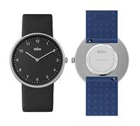 Braun Orologio al quarzo analogico a 2 lancette, Quadrante Nero, Cinturino in Pelle Nera con Cinturino aggiuntivo in Gomma Siliconica Blu, 38mm, modello BN0281BKBLG.