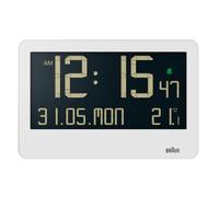 Braun Orologio da parete digitale temperatura interna, data, giorno della settimana, ampio display LCD inverso, impostazione rapida, allarme acustico in bianco, modello BC14W.