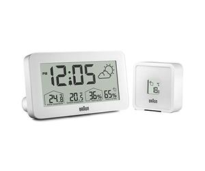 Braun Orologio digitale con stazione meteorologica temperatura e umidità interna ed esterna, previsioni, display LCD, impostazione rapida, allarme sonoro in crescendo, bianco, modello BC13WP.