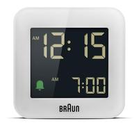 Braun Orologio Sveglia da Viaggio Digitale Funzione Snooze, Dimensioni compatte, Display LCD Negativo, Funzione Quick Set, Suono Sveglia Beep con crescendo, in Bianco, modello BC08W.