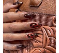 Braun Press On Nails, unghie medie a mandorla - KQueenest Leopard acrilico da incollare con progetto, unghie finte a mandorla da incollare, unghie finte in gel per donne, 24 pezzi