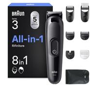 Braun Rifinitore All-In-One Series 3, Rasoio Elettrico Barba E Capelli 8In1, Con Lama Ultra Affilata, 14 Lunghezze, 50 Minuti di Autonomia, Styling Facile e Veloce Per Viso E Capelli, AIO3545 Nero