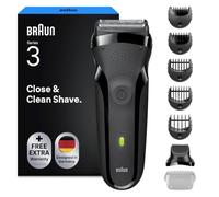 Braun Rasoio elettrico da uomo, serie 3, rasoio a secco, 5 pettini, grigio | Include accessorio per regolabarba, 3 lame flessibili, batteria ricaricabile, prodotto in Germania, modello 300BT