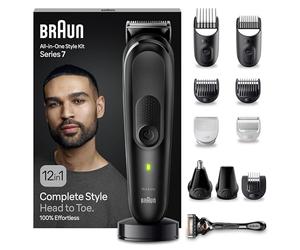 Braun REGOLABARBA STYLING KIT, Tagliacapelli Uomo, Rasoio Elettrico Barba e Capelli, 12-in-1 per Barba, Capelli, Corpo, Naso e Orecchie, 100 Minuti Di Utilizzo Senza Fili, MGK7460
