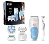 Braun Silk-épil 5, Epilatore Elettrico Donna Per Una Rimozione Dei Peli Delicata, Rasoio Donna Con 5 Accessori, Depilatore, Custodia E Rifinitore Bikini Styler, 5-815 Bianco e Azzurro