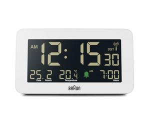 Braun Sveglia digitale, radiocomando per il fuso orario dell'Europa centrale (DCF), con visualizzazione di data, mese e temperatura, sveglia acustica, bianca, modello BC10W-DCF.