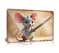 Brave Mouse Warrior con coda arcobaleno che tiene la spada per esterni, decorazione da appendere | Poster industriale vintage in metallo da parete (30 x 40 cm)