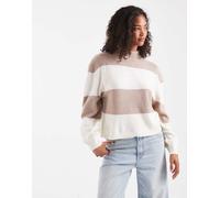 Brave Soul - Maglione lavorato accollato a righe spesse color avorio e visone-Bianco XL