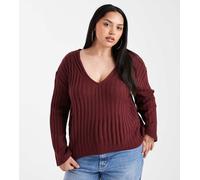 Brave Soul Plus - Maglione a coste con scollo a V profondo color vinaccia-Rosso 56