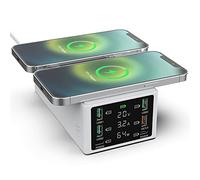 Braveking1 150W 6 Porte Caricatore USB, Stazione di Ricarica con Doppio Caricatore Wireless Base di Ricarica (QC 3.0 e PD), Caricatore Multiplo USB con LED Schermo USB Charger