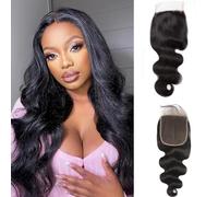 Brazilian Weaving Batch Body Wave Lace Closure Virgin 100% Human Hair Smooth Brazilian Weaving Batch Natural Strands Body Wave Hair Extension Natural Black (30 cm, 4 x 4 Lace Closure)
