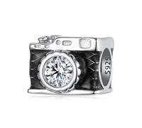 BRBRB Charm a forma di macchina fotografica in argento Sterling S925 con perline di zircone - Perline fai da te in smalto nero compatibili con bracciali Pandora, Biagi, Troll e Chamilia