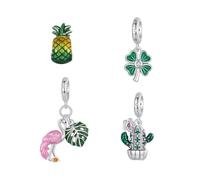 BRBRB Set di ciondoli fai da te in argento Sterling S925 - Ciondoli a forma di cactus, fenicottero, ananas e trifoglio | Compatibili con i bracciali Pandora | Gioielli da donna pronti da regalare(Set)