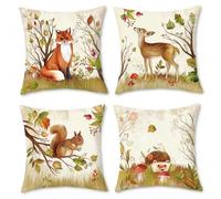 BREASOME Federe Cuscini Divano 45x45 cm, Set di 4 Copricuscini Animali Selvatici Volpe Scoiattolo Riccio Cervo Fodere per Cuscini Decorativi Quadrata in Lino per Divano Camera da Letto Soggiorno